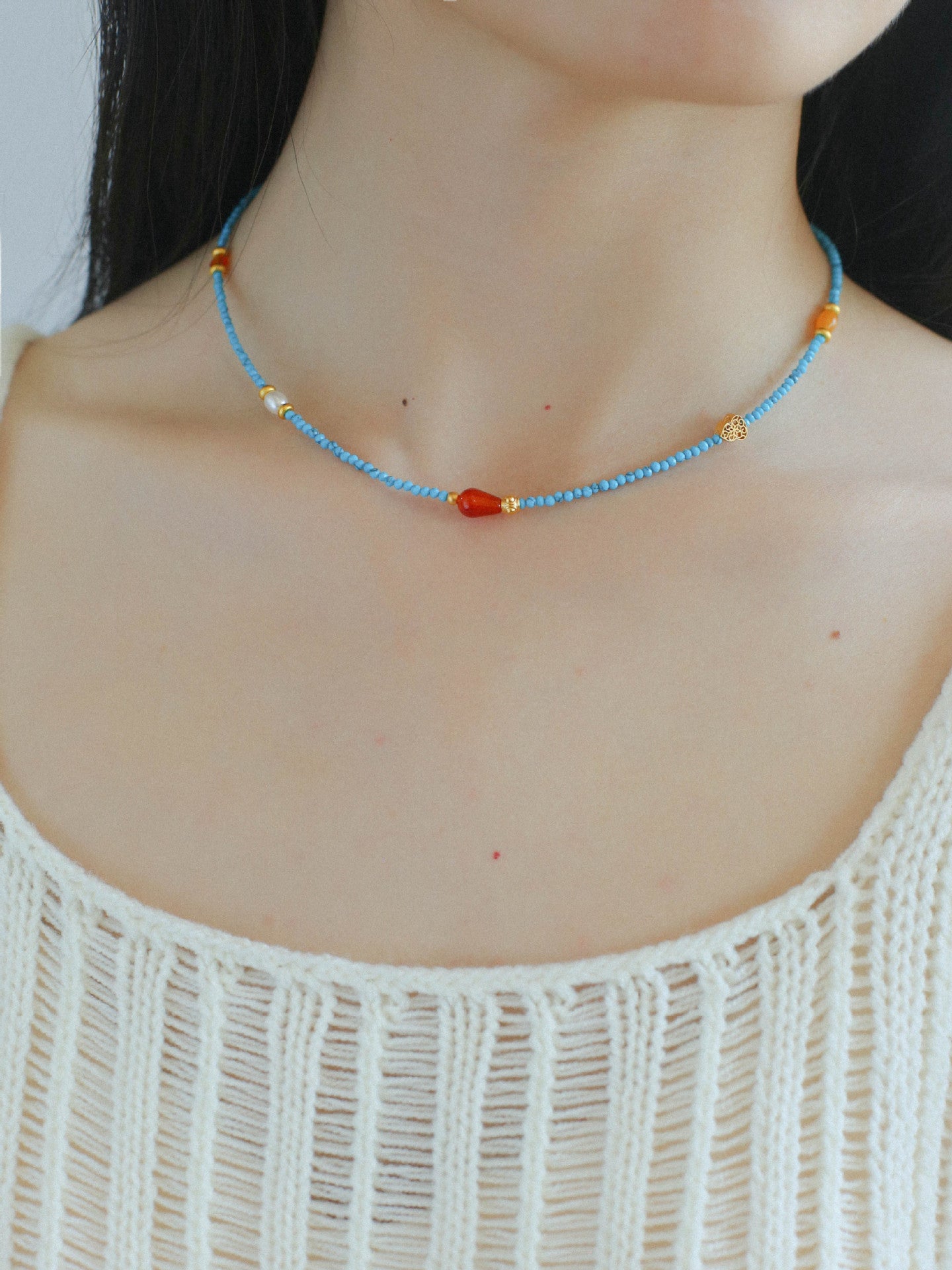 Blue Turquoise Red Onyx Multi-element Beaded Necklace - floysun
