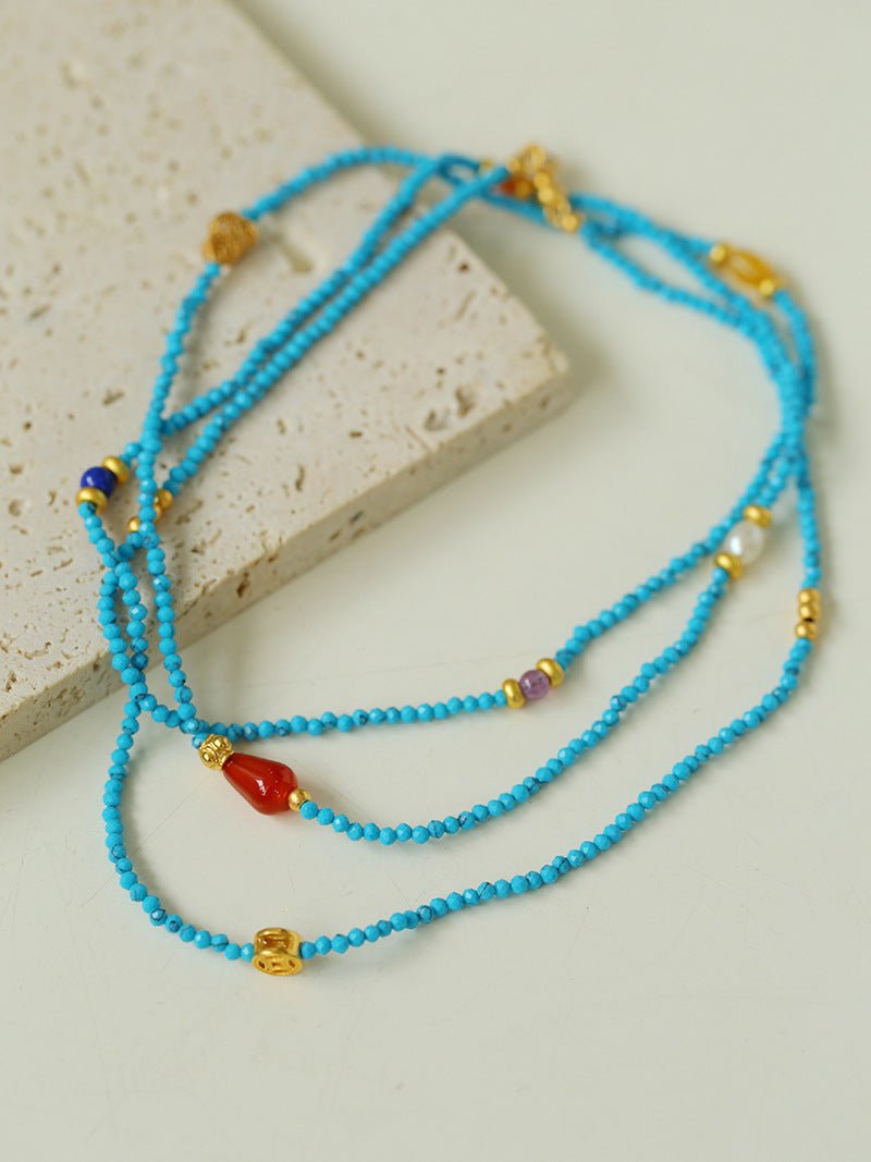 Blue Turquoise Red Onyx Multi-element Beaded Necklace - floysun