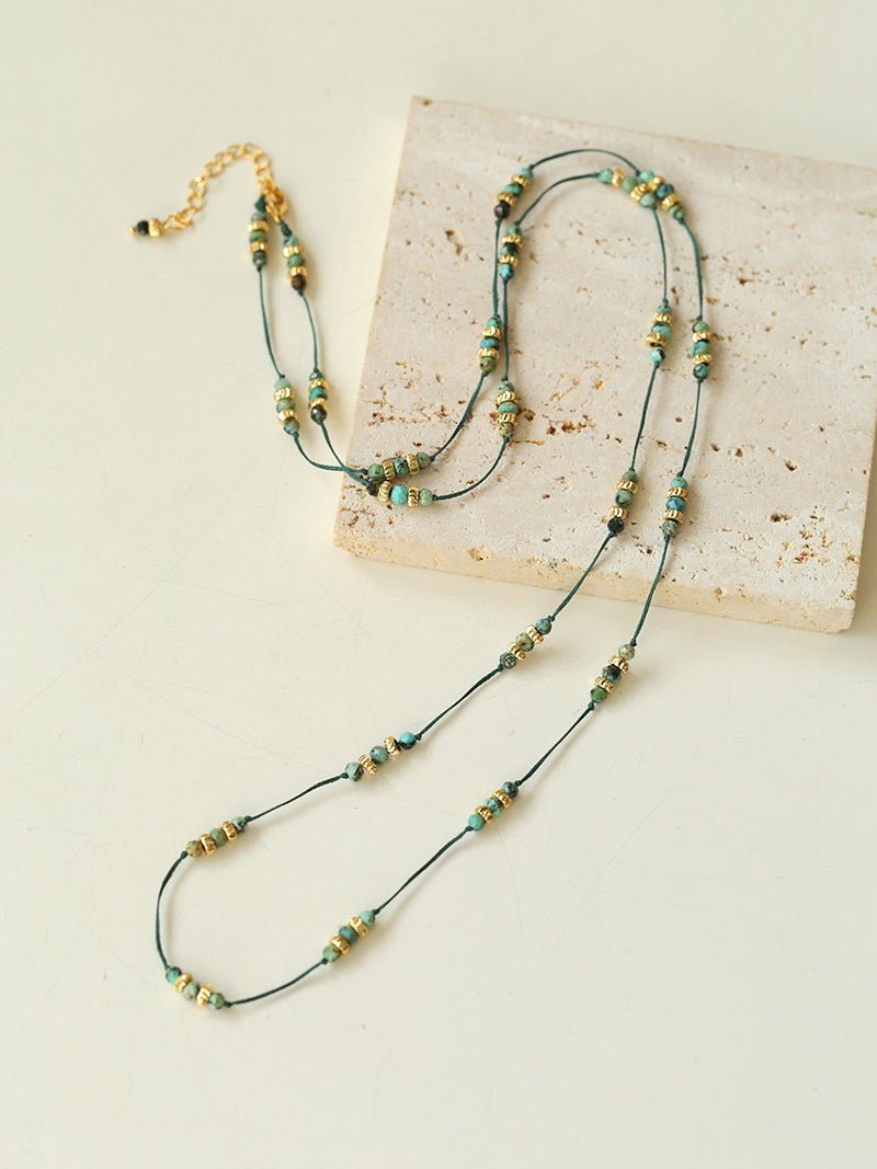 Bohemian African Turquoise Waxed Cord Long Necklace - floysun