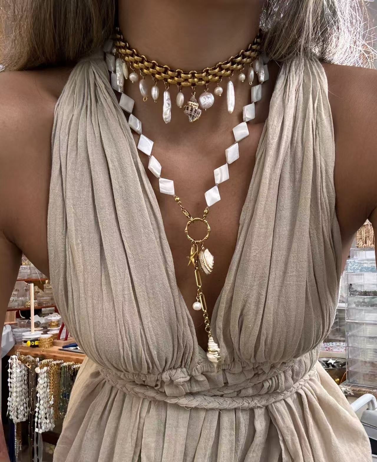 Bohemian Charm Wide Chain Necklace – Natural Pearls & Shell Accents - floysun