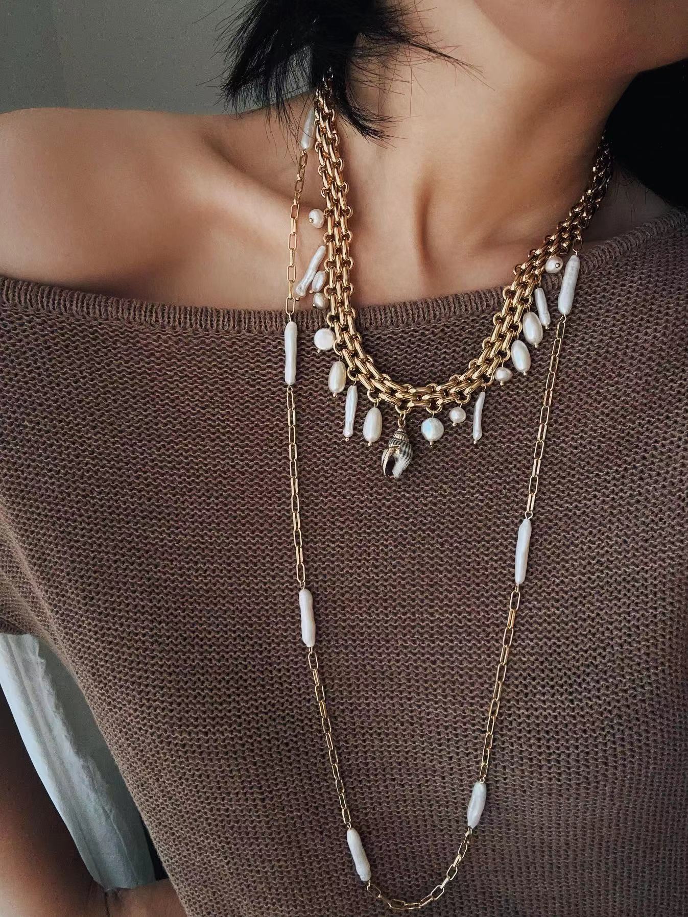 Bohemian Charm Wide Chain Necklace – Natural Pearls & Shell Accents - floysun
