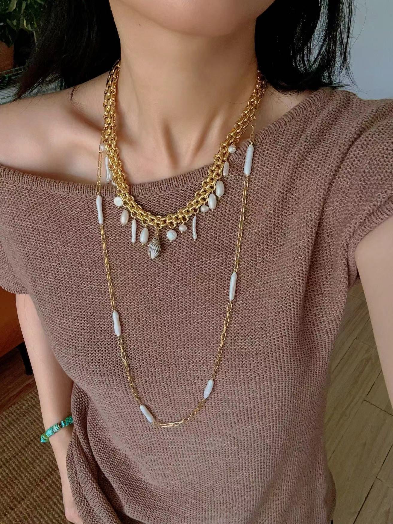 Bohemian Charm Wide Chain Necklace – Natural Pearls & Shell Accents - floysun