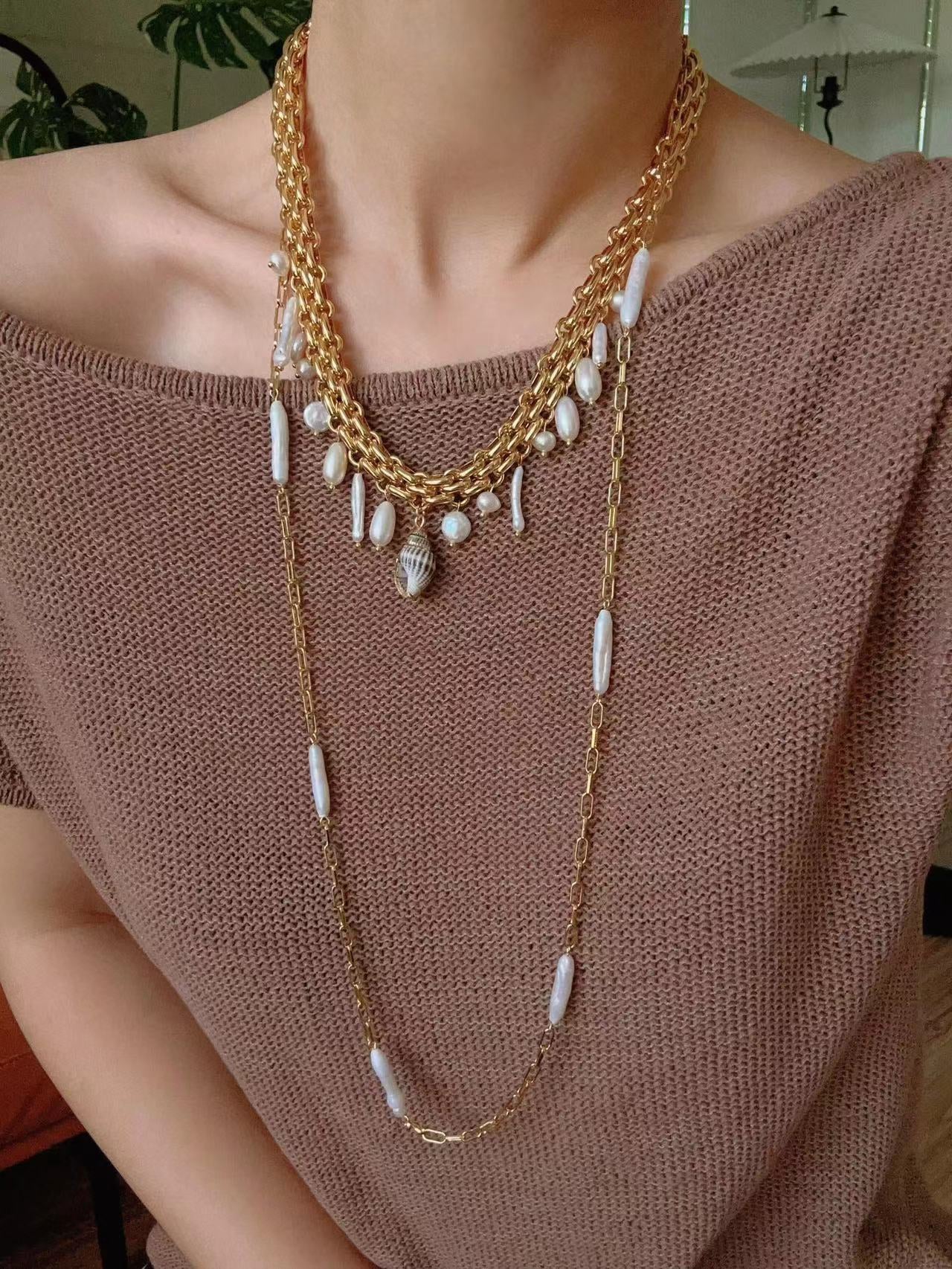 Bohemian Charm Wide Chain Necklace – Natural Pearls & Shell Accents - floysun