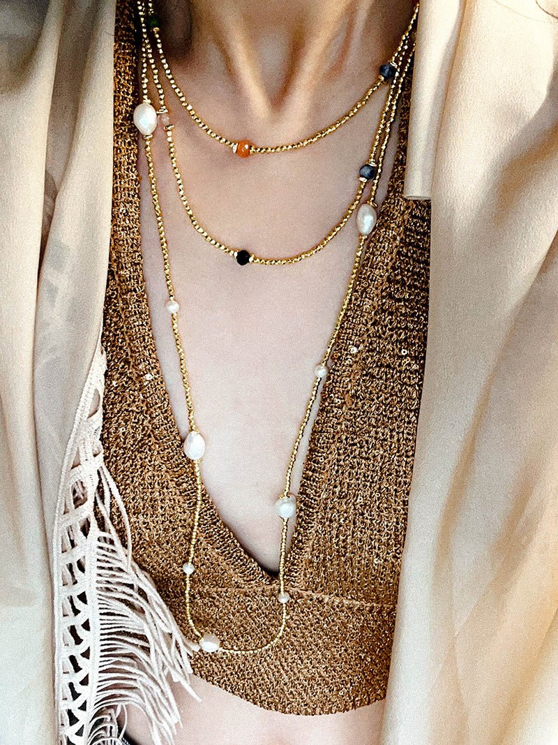 Bohemian Faceted Gold Bead Necklace – Colorful Gemstone or Pearl Style - floysun