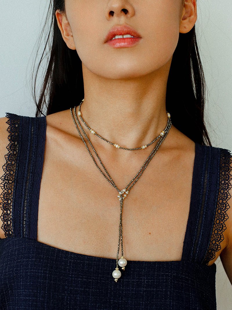 Bohemian Rhapsody – Gold Ore & Pearl Beaded Necklace with Bell Clasp - floysun