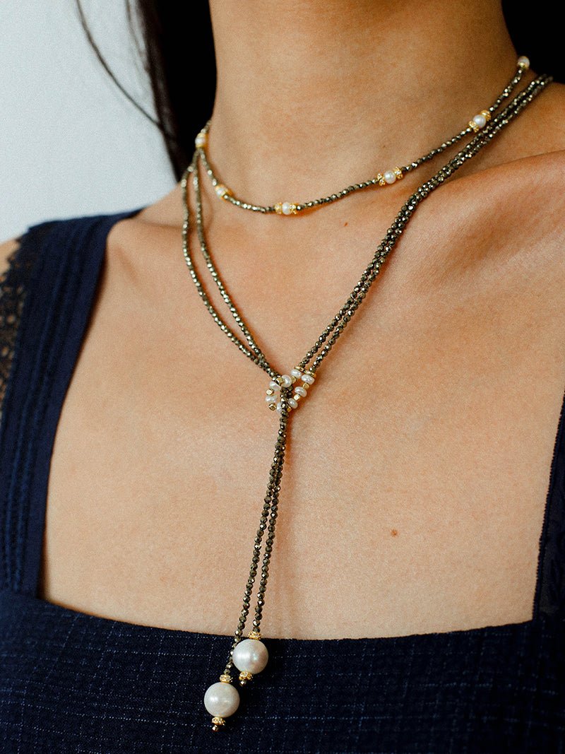 Bohemian Rhapsody – Gold Ore & Pearl Beaded Necklace with Bell Clasp - floysun