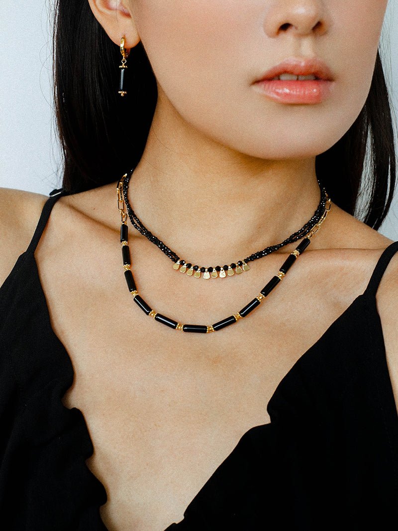 Bohemian Soulbound Double - Layer Necklace – Gold Ore & Black Spinel - floysun