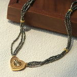 Boho Chic Gold Ore Bead Necklace with Sculpted Heart Pendant - floysun