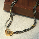 Boho Chic Gold Ore Bead Necklace with Sculpted Heart Pendant - floysun