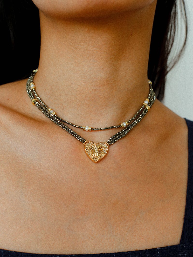 Boho Chic Gold Ore Bead Necklace with Sculpted Heart Pendant - floysun