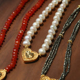 Boho Chic Pearl Necklace with Vintage Heart Pendant – Soft Glow Elegance - floysun