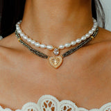Boho Chic Pearl Necklace with Vintage Heart Pendant – Soft Glow Elegance - floysun
