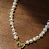 Boho Chic Pearl Necklace with Vintage Heart Pendant – Soft Glow Elegance - floysun