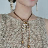 Boho Style Natural Shell Tassel Pendant Necklace with Wax Cord Chain - floysun