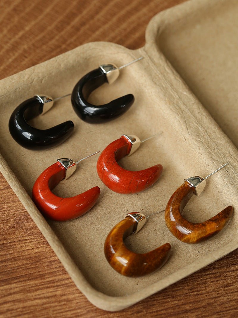 Bold Arc – Natural Stone C - Hoop Earrings in Black Onyx, Tiger’s Eye & Red Stone - floysun