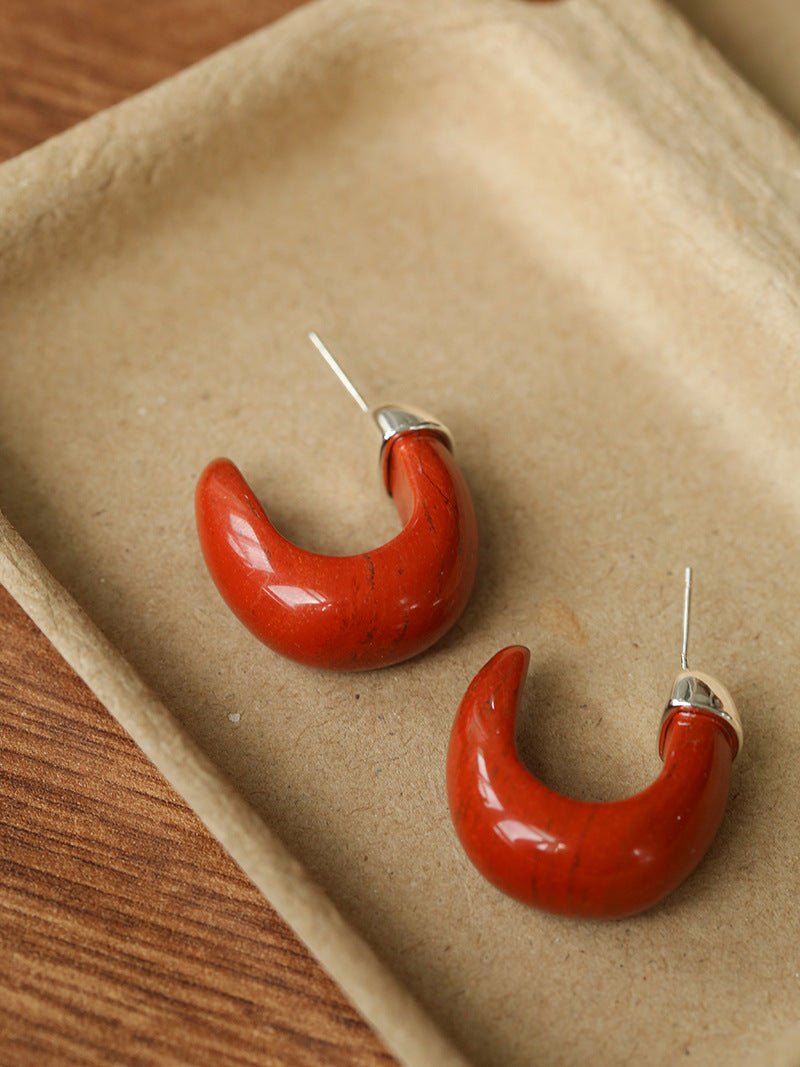 Bold Arc – Natural Stone C - Hoop Earrings in Black Onyx, Tiger’s Eye & Red Stone - floysun