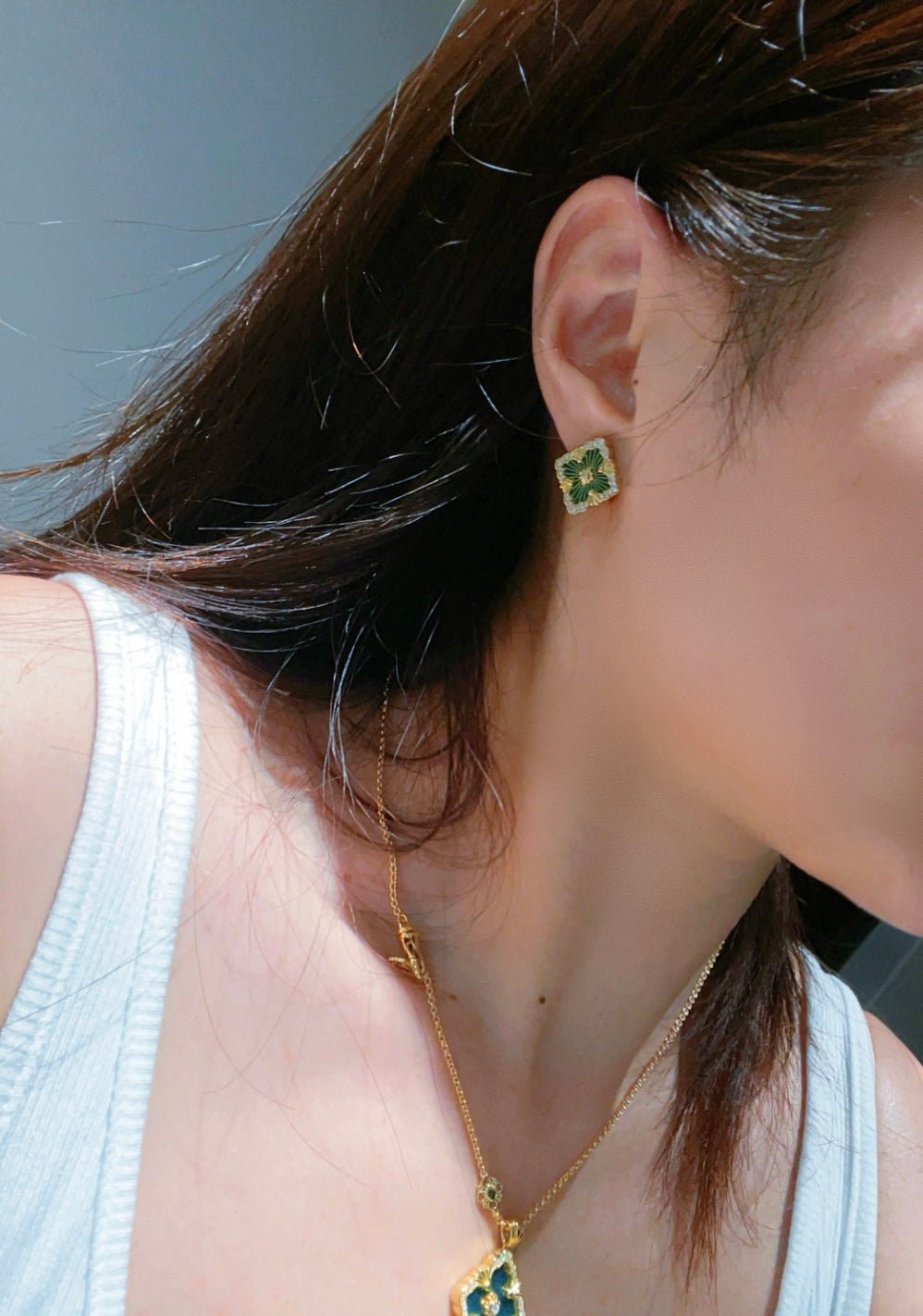 Boucheron - Inspired Four - Leaf Clover Stud Earrings – Green Onyx - floysun