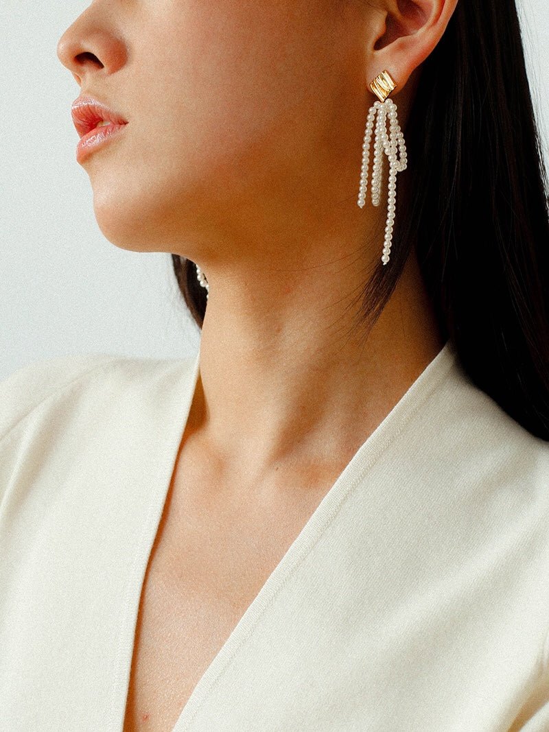 Bow Dance Metal Lava Petite Bow Long Pearl Earrings - floysun