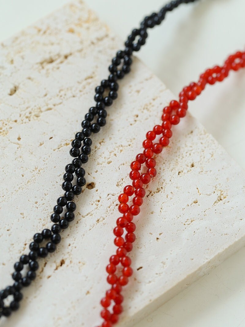Braided Double Red Black Onyx Beaded Choker - floysun