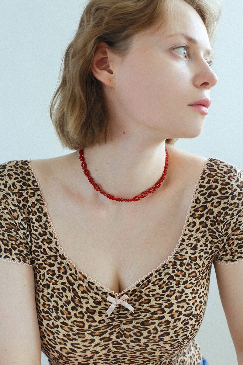 Braided Double Red Black Onyx Beaded Choker - floysun