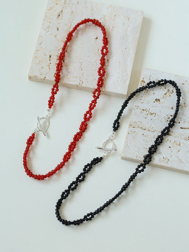 Braided Double Red Black Onyx Beaded Choker - floysun