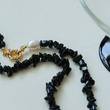 Brilliant Black Onyx Crushed Stone and Pearl Necklace - floysun
