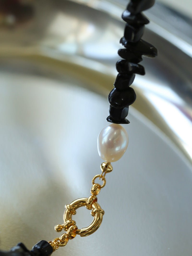 Brilliant Black Onyx Crushed Stone and Pearl Necklace - floysun