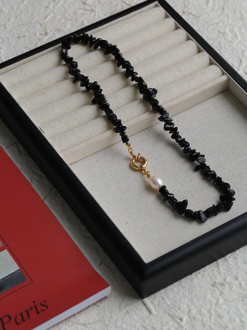 Brilliant Black Onyx Crushed Stone and Pearl Necklace - floysun