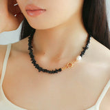 Brilliant Black Onyx Crushed Stone and Pearl Necklace - floysun