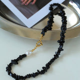 Brilliant Black Onyx Crushed Stone and Pearl Necklace - floysun