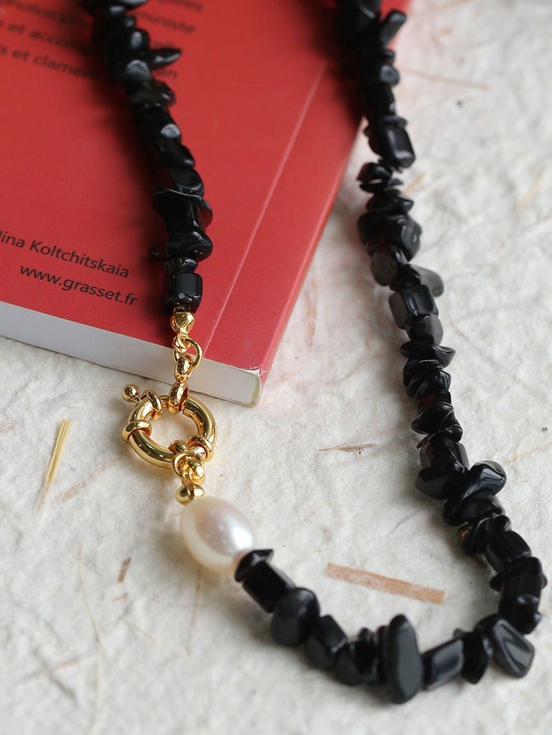 Brilliant Black Onyx Crushed Stone and Pearl Necklace - floysun