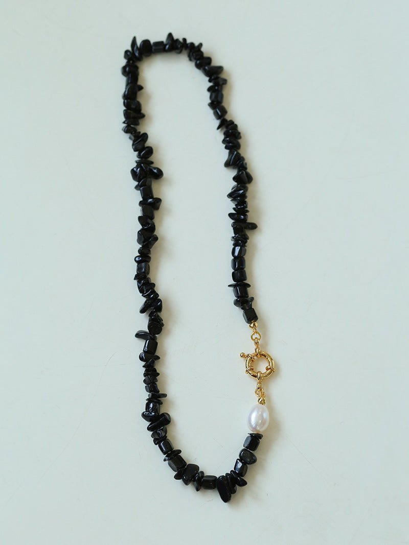 Brilliant Black Onyx Crushed Stone and Pearl Necklace - floysun