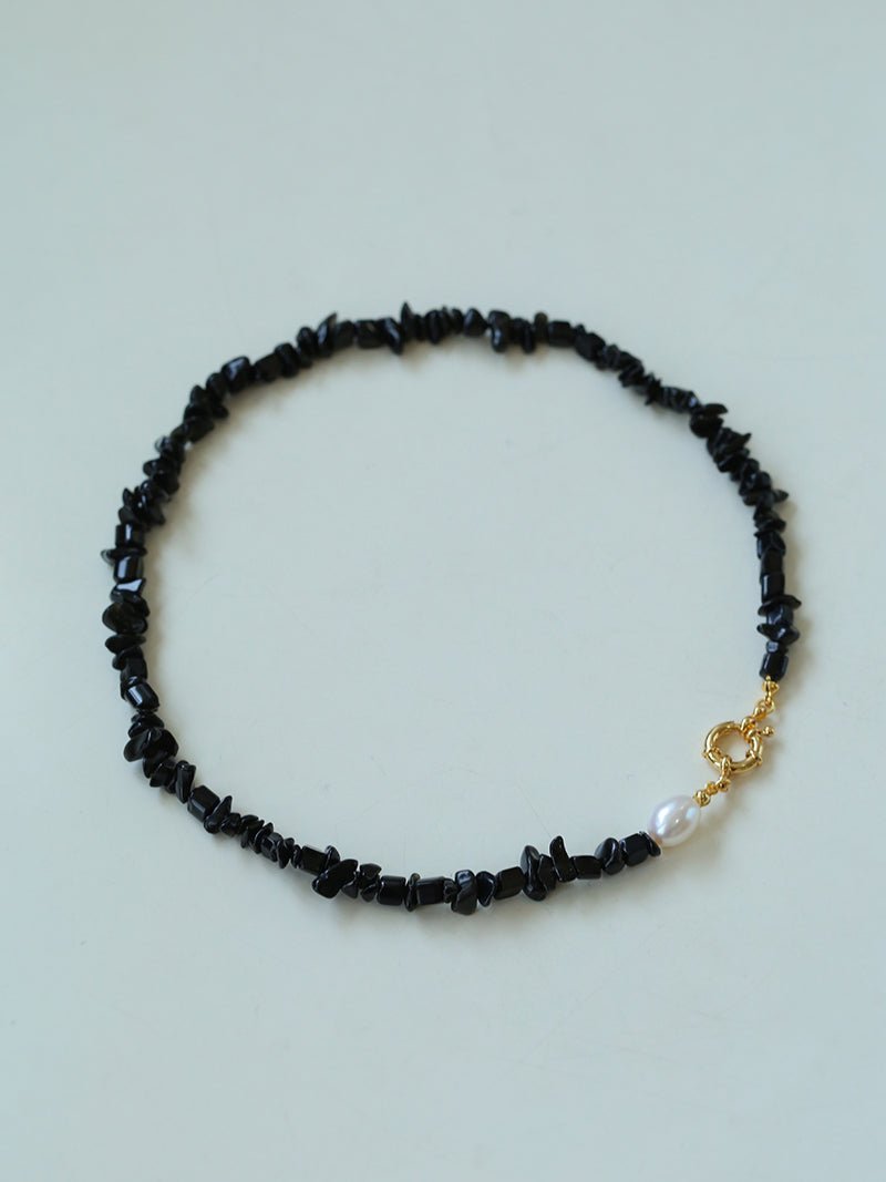 Brilliant Black Onyx Crushed Stone and Pearl Necklace - floysun