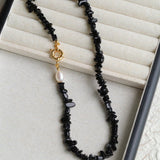 Brilliant Black Onyx Crushed Stone and Pearl Necklace - floysun