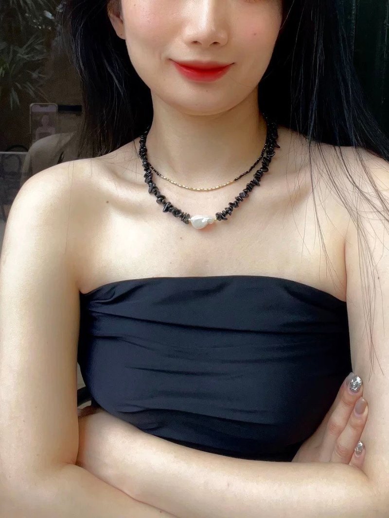 Brilliant Black Onyx Crushed Stone Baroque Pearl Necklace - floysun