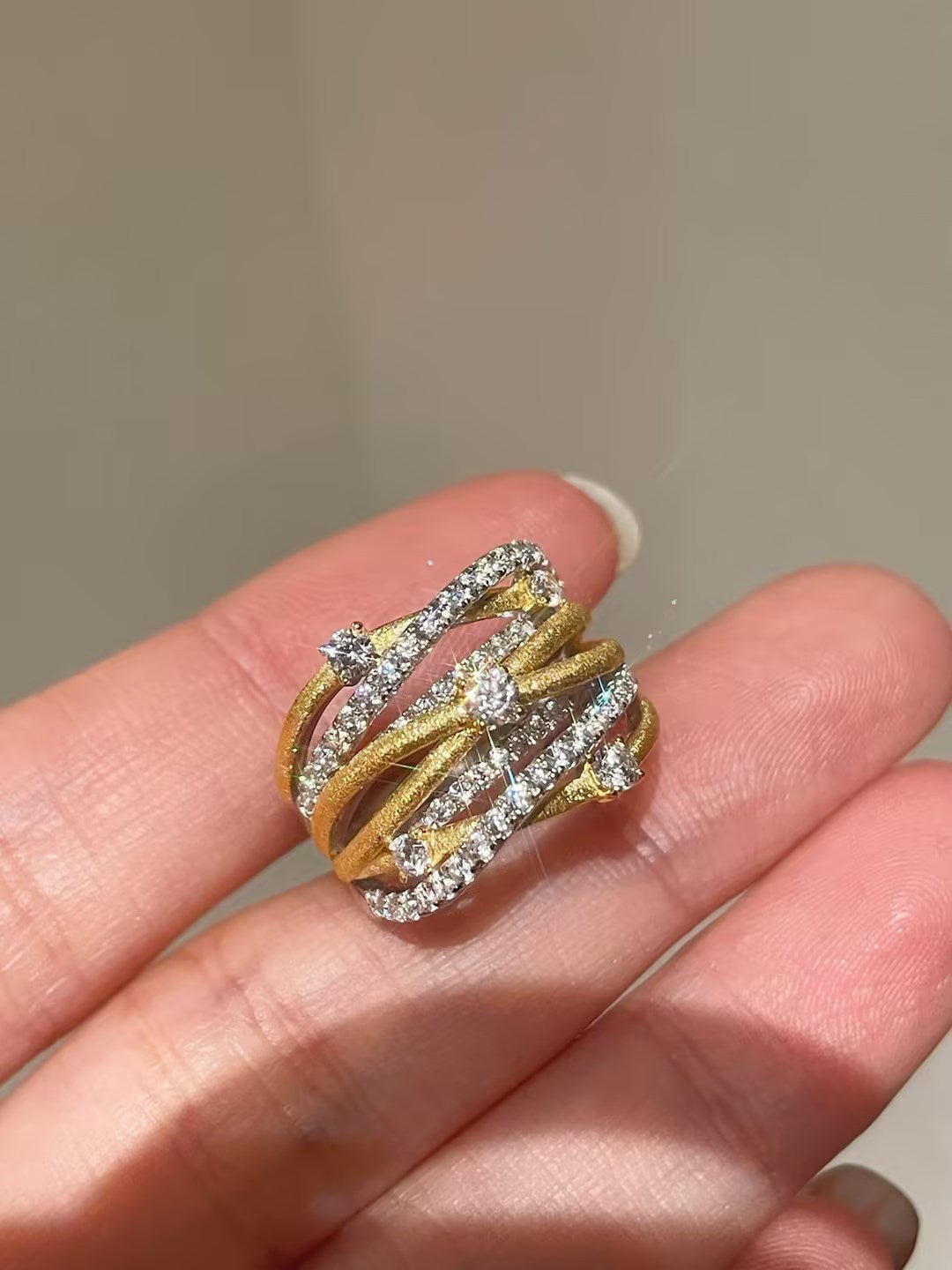 Brushed Sparkling Diamond Cross - Line Wide Band Ring - floysun