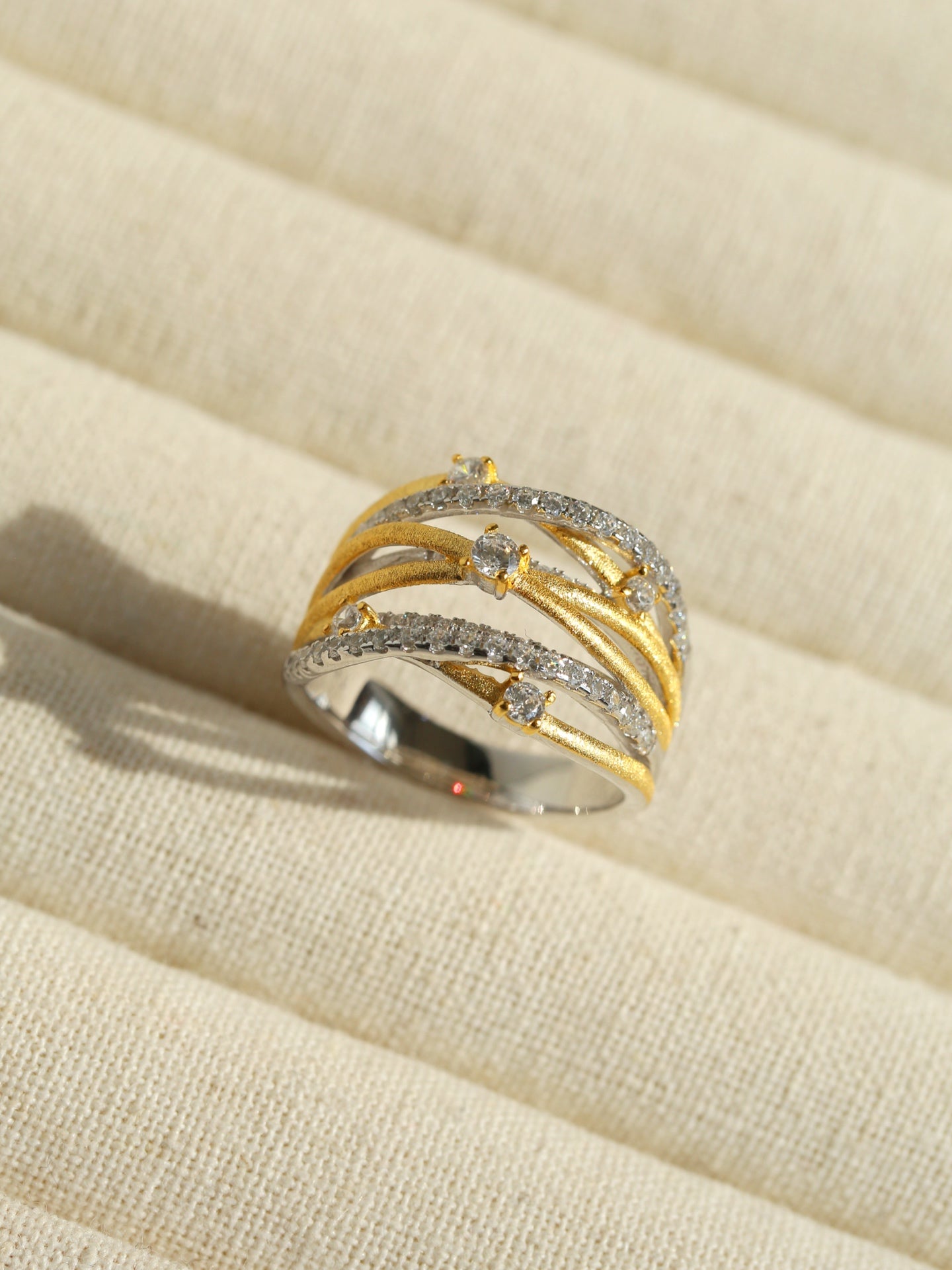 Brushed Sparkling Diamond Cross - Line Wide Band Ring - floysun