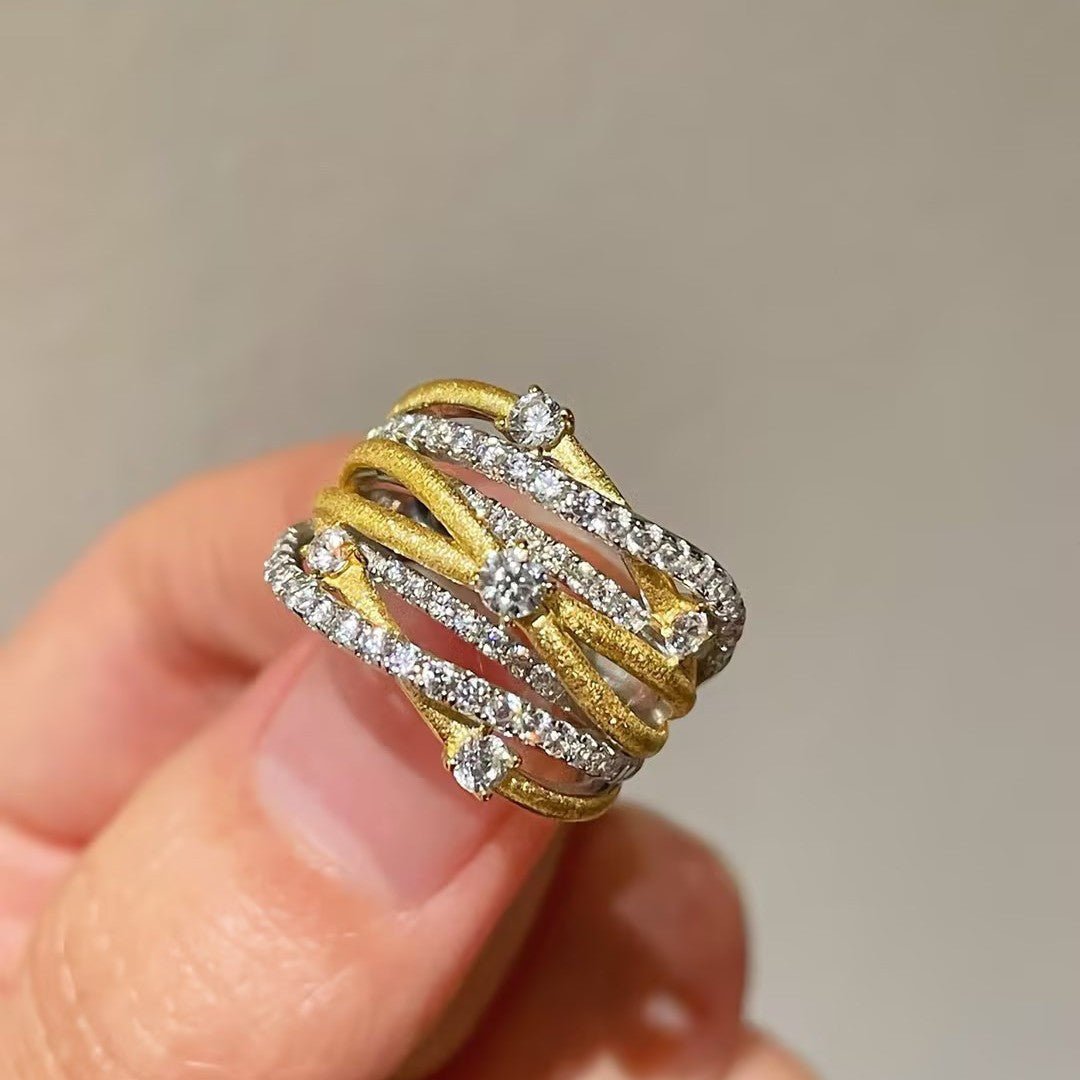 Brushed Sparkling Diamond Cross - Line Wide Band Ring - floysun