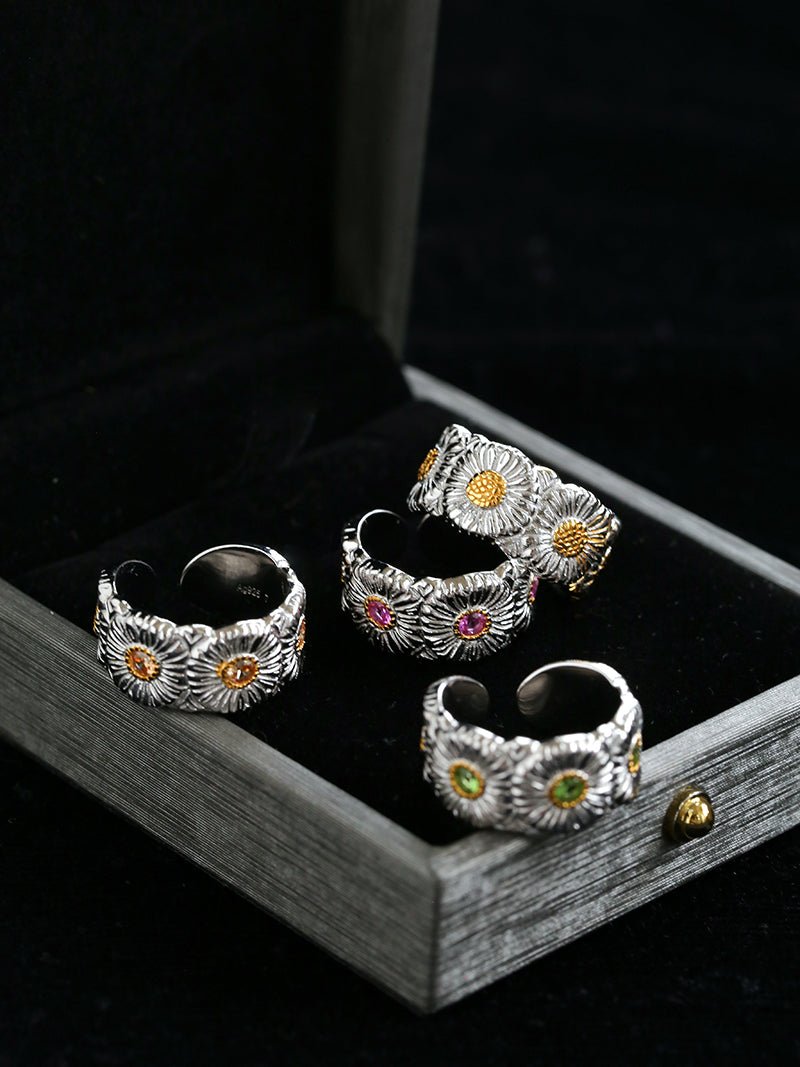 Buccellati - Inspired Daisy Open Ring 925 Silver with Colorful Zircon - floysun