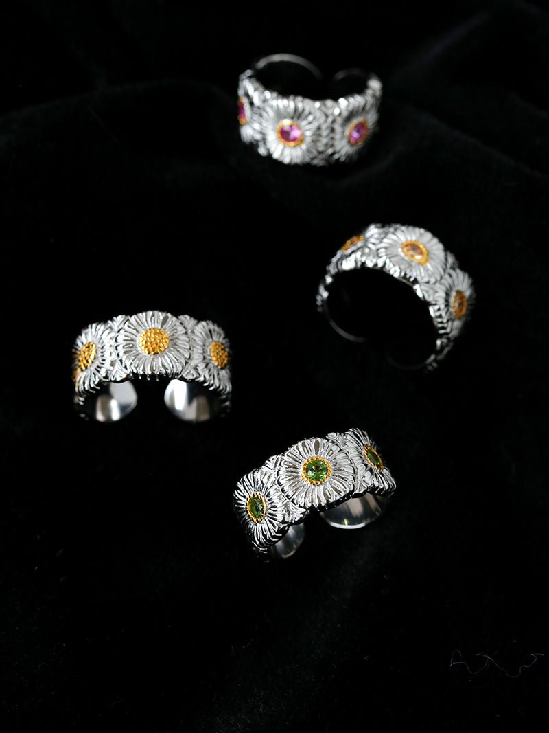 Buccellati - Inspired Daisy Open Ring 925 Silver with Colorful Zircon - floysun