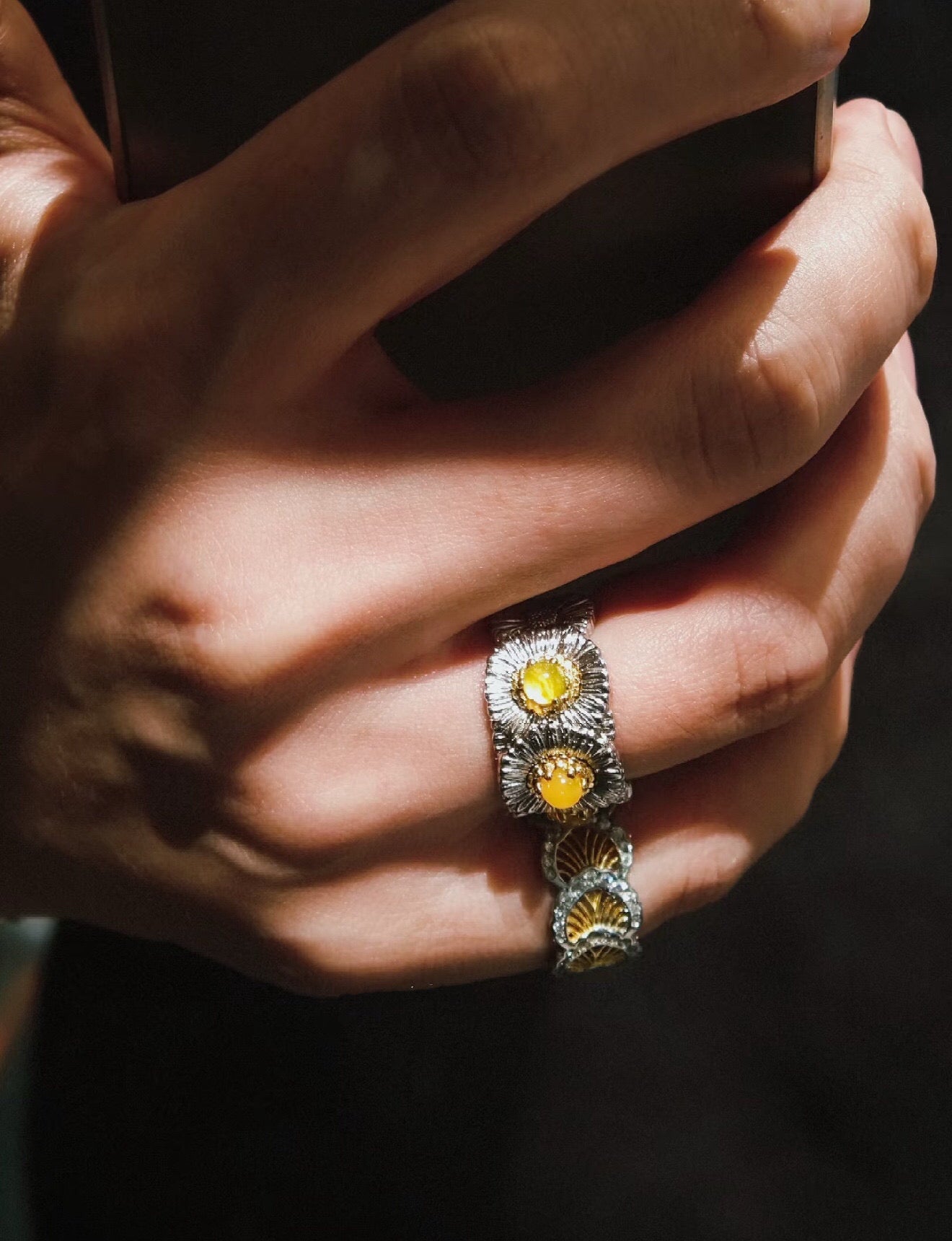 Buccellati - Inspired Daisy Ring 925 Silver Natural Gemstone Wide Band - floysun