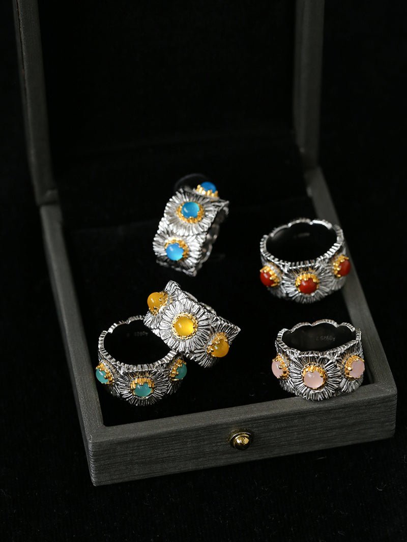 Buccellati - Inspired Daisy Ring 925 Silver Natural Gemstone Wide Band - floysun