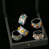 Buccellati - Inspired Daisy Ring 925 Silver Natural Gemstone Wide Band - floysun