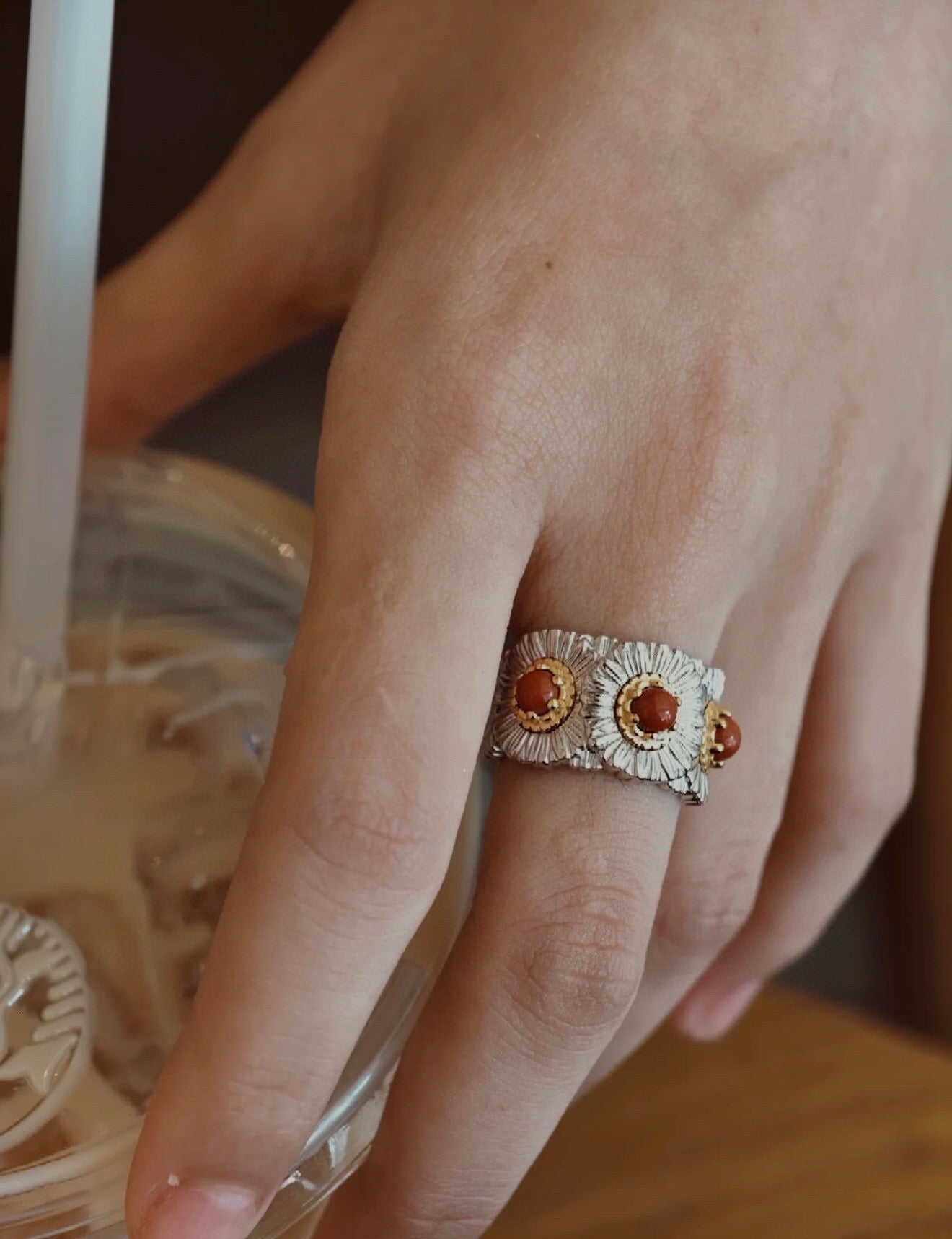 Buccellati - Inspired Daisy Ring 925 Silver Natural Gemstone Wide Band - floysun