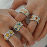 Buccellati - Inspired Daisy Ring 925 Silver Natural Gemstone Wide Band - floysun