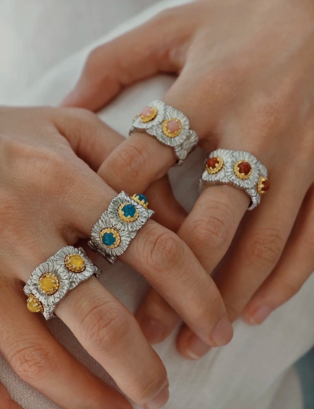 Buccellati - Inspired Daisy Ring 925 Silver Natural Gemstone Wide Band - floysun