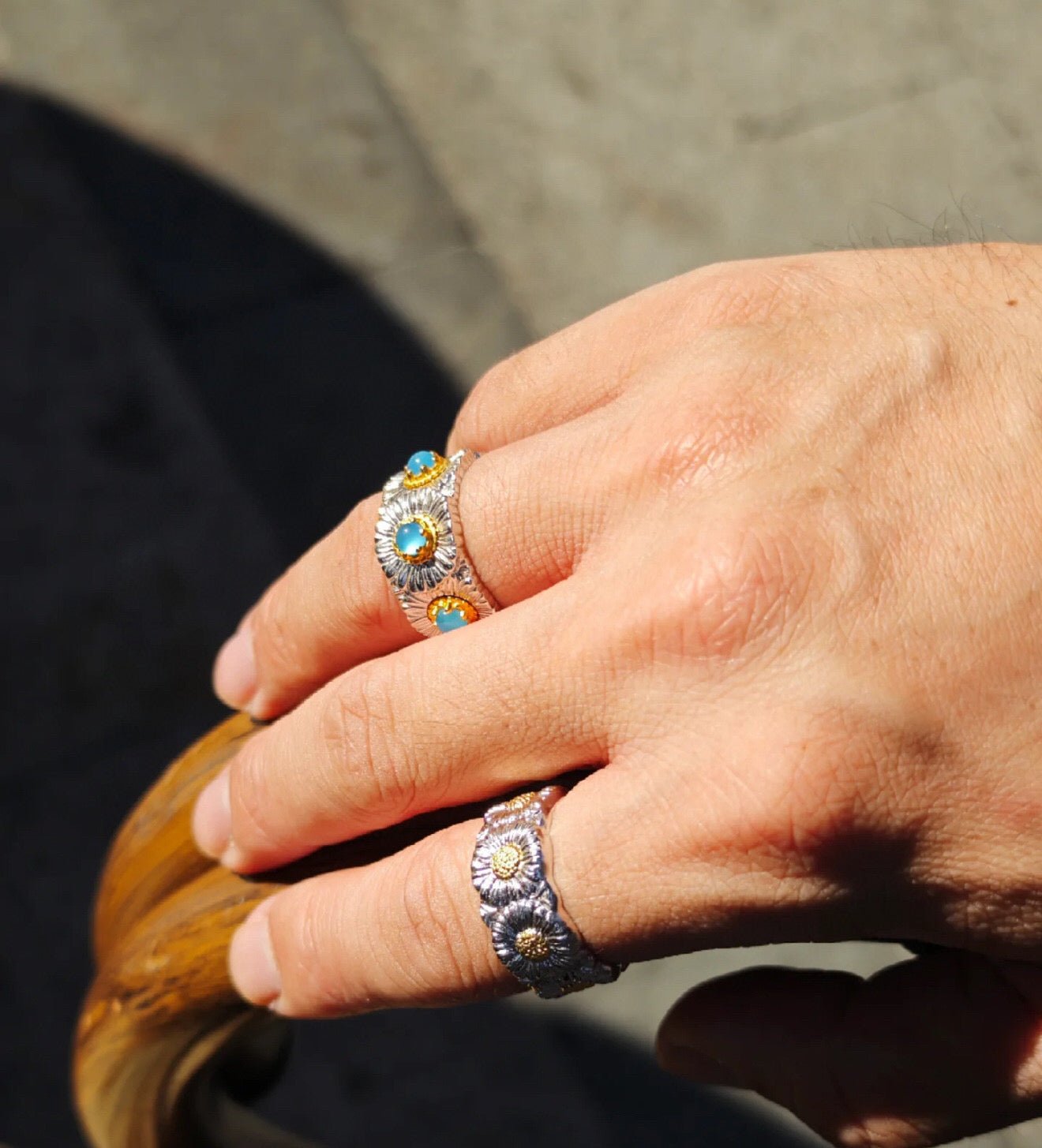 Buccellati - Inspired Daisy Ring 925 Silver Natural Gemstone Wide Band - floysun