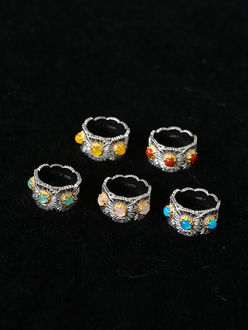 Buccellati - Inspired Daisy Ring 925 Silver Natural Gemstone Wide Band - floysun