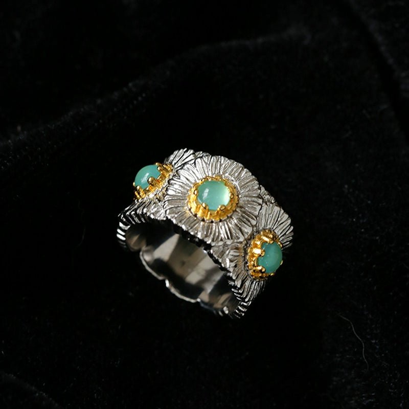 Buccellati - Inspired Daisy Ring 925 Silver Natural Gemstone Wide Band - floysun