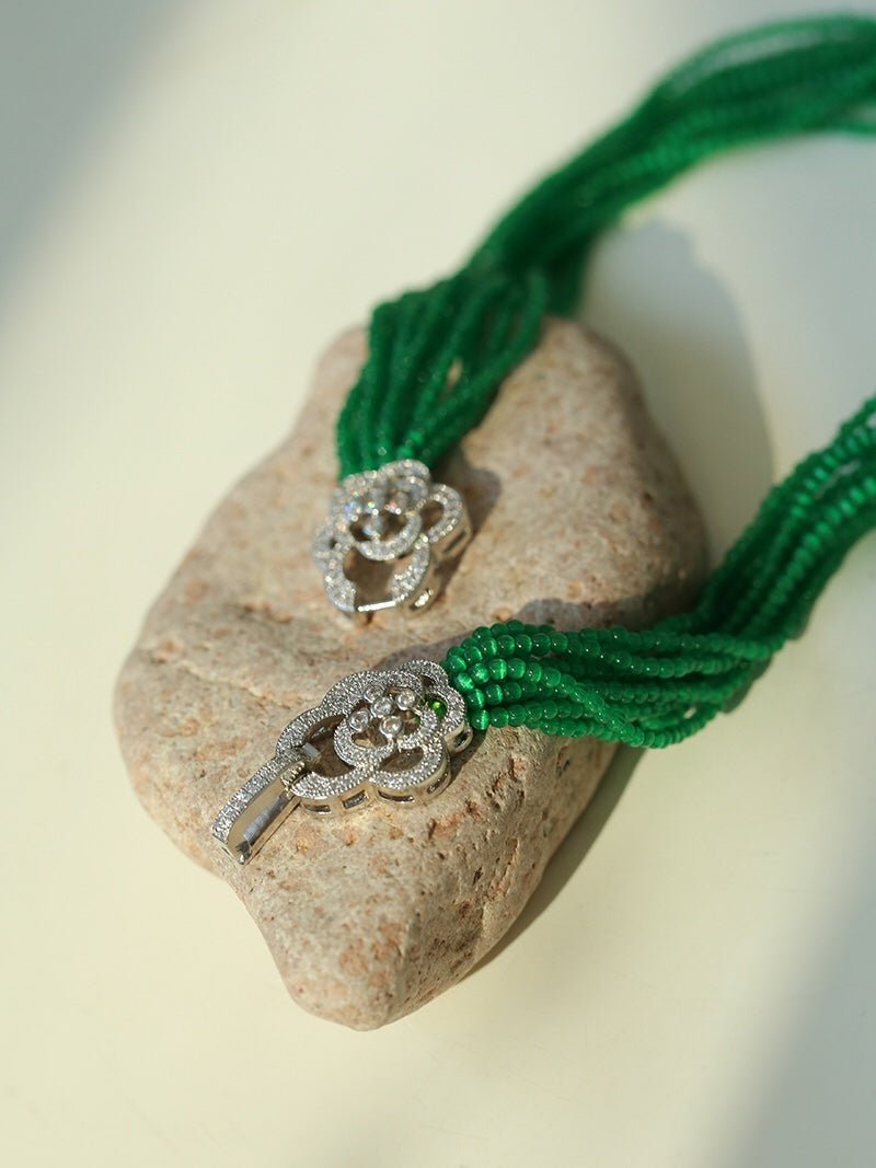 Camellia Clasp Multi - Layered Green Cat's Eye Necklace - floysun